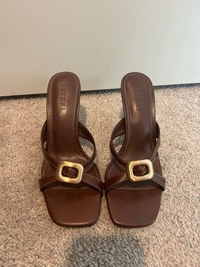 Meshki Brown Heels with Gold Accent Buckle
